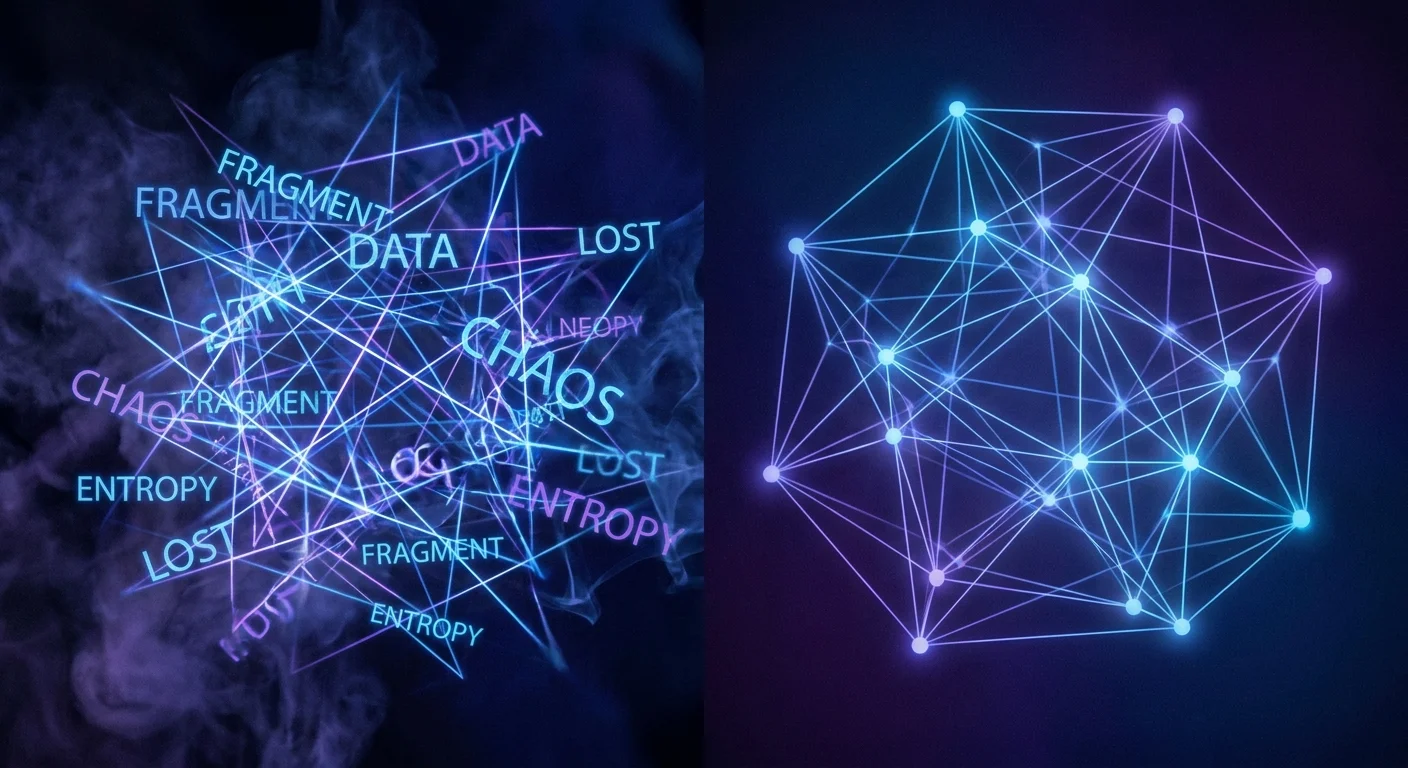 Chaotic tangled fragments on the left, a clean structured graph on the right