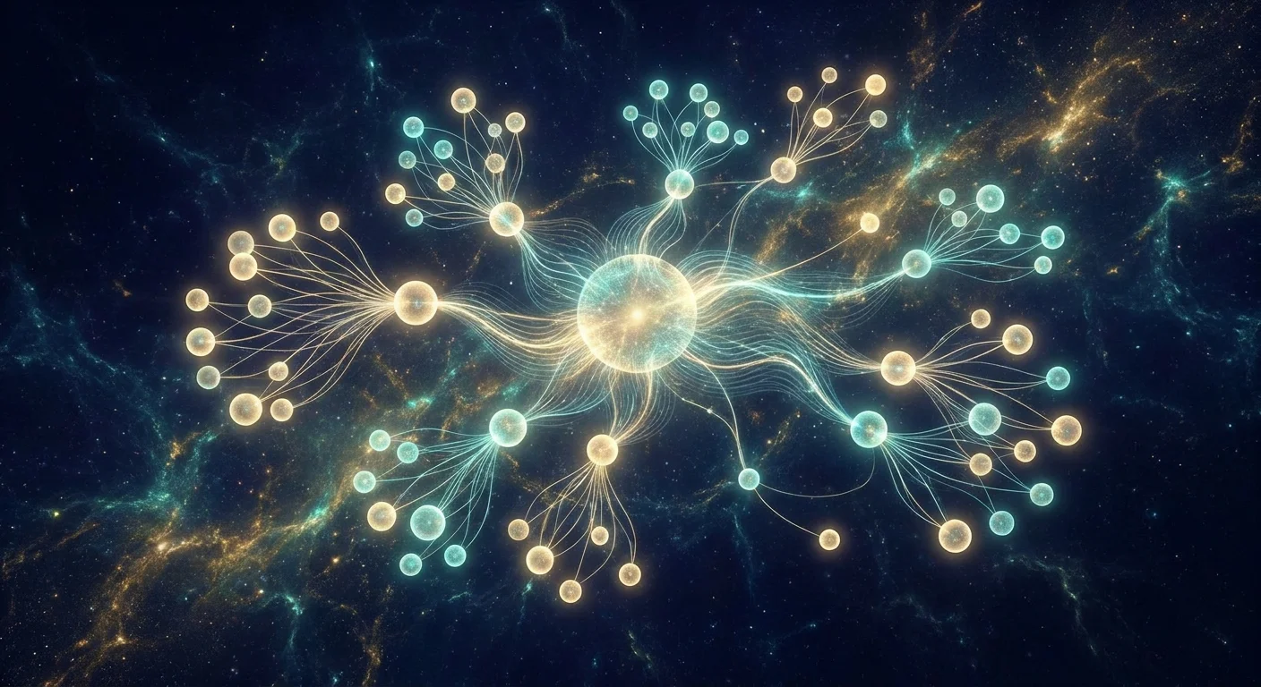 A neural network node branching outward across a cosmic background