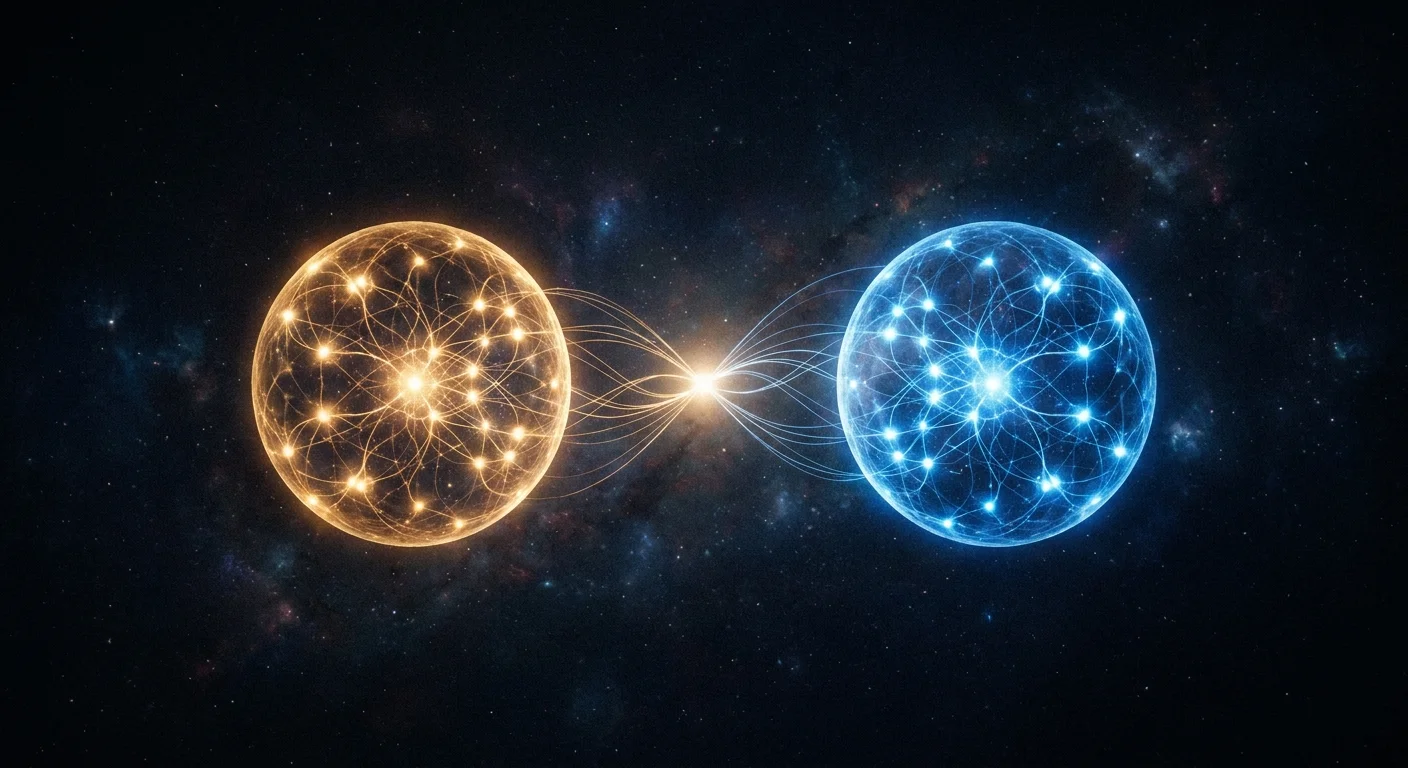 Two interconnected knowledge spheres — one gold, one blue — linked across space