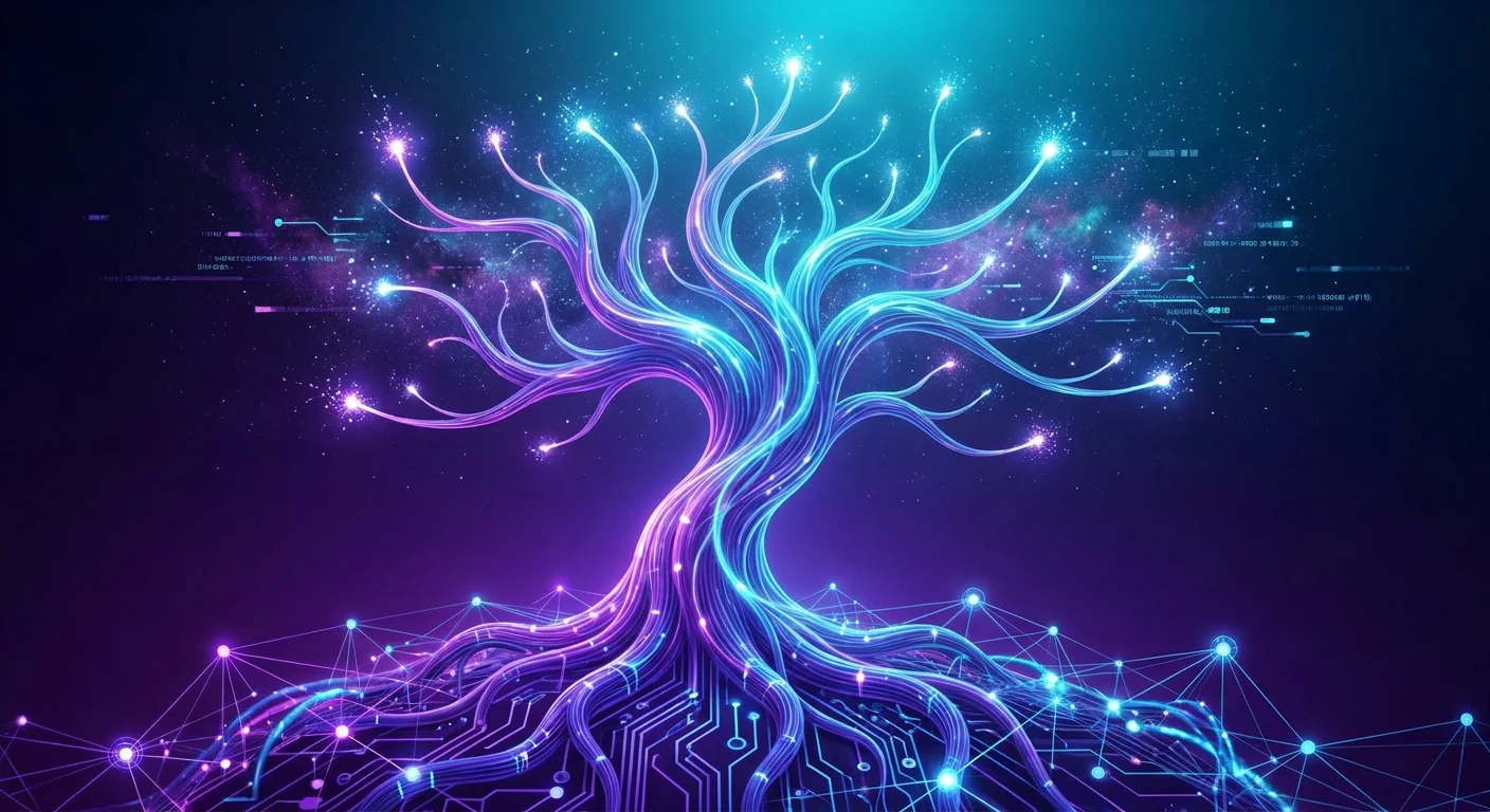 A glowing digital tree with circuit-like roots growing upward
